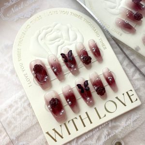 Burgundy Camellia Press-on Nails in...